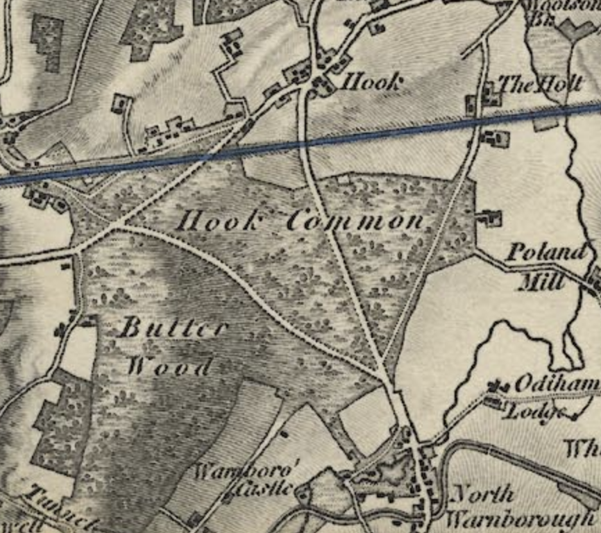 Ordnance Survey Old Series map 1810s-1850s showing Hook Common and Butter Wood before Bartley Heath name appeared